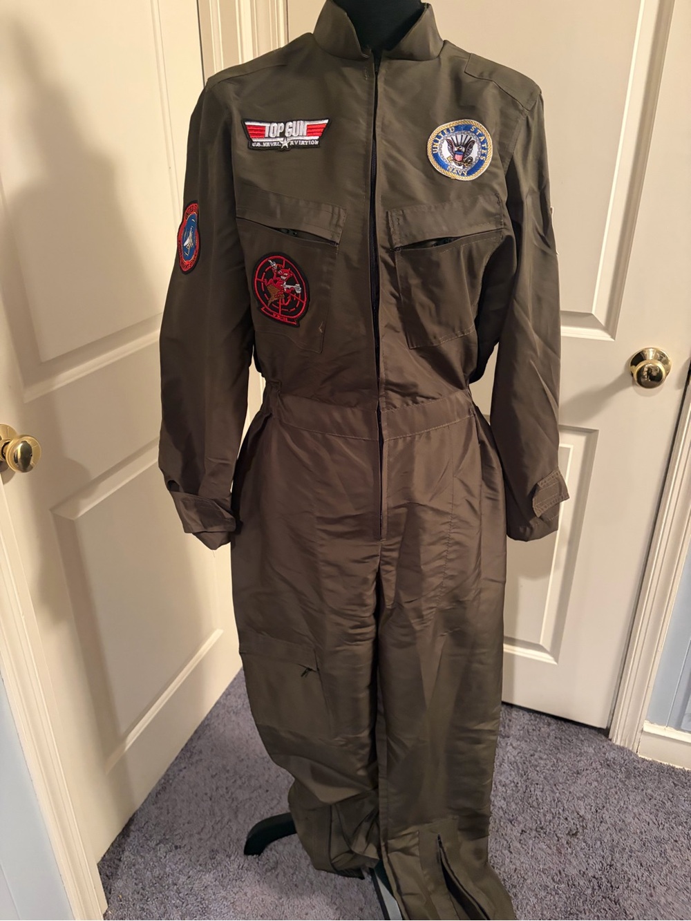Top Gun Military-Style Olive Green Flight Jumpsuit with Patch Accents